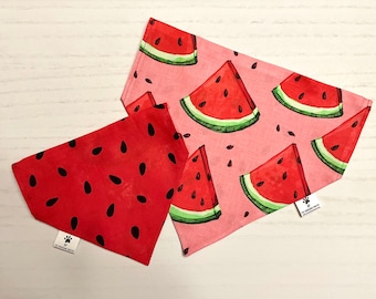 Summertime Watermelon on pink/Watermelon Seeds on Red Reversible Dog Bandana, Summer Personalized Pet Accessories