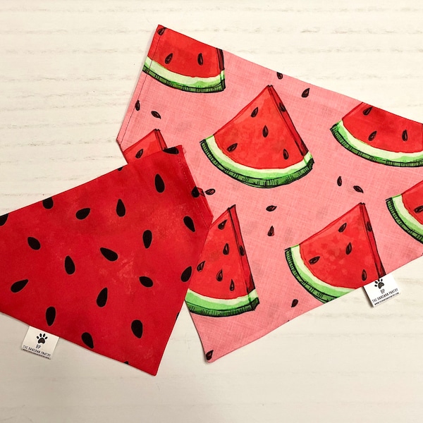 Summertime Watermelon on pink/Watermelon Seeds on Red Reversible Dog Bandana, Summer Personalized Pet Accessories