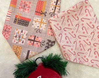 Vintage Christmas Presents Personalized Dog Bandanas. Mini Candy Canes Pink Customized Pet Accessories