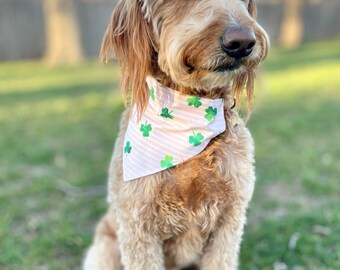 Shamrocks on Pink Stripes/Pink and Rainbows and Clovers on White Reversible Dog Bandana.  Personalized St. Patrick’s Day Pet Accessories