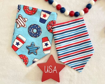 Stars & Stripes Coffee and Donuts/4th of July Little Stripes Reversible Dog Bandana, Patriotic, Customized Pet Accessories