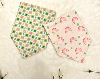 Rainbows and Clovers on Pink/St. Patrick’s Day Lucky Charms Checkerboard Reversible Dog Bandana.  Personalized Pet Accessories