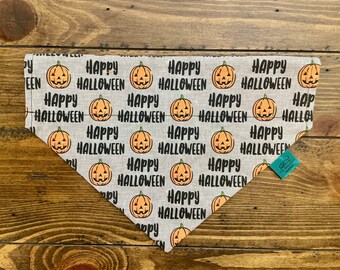 Happy Halloween Jack-O-Lanterns on Gray Reversible Dog Bandana, Gray with Black Polka dots Customized Pet Accessories.