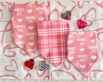 Mommy’s Girl on Pink/Bubblegum Pink Plaid Reversible Dog Bandana. Personalized, Valentine Pet Accessories