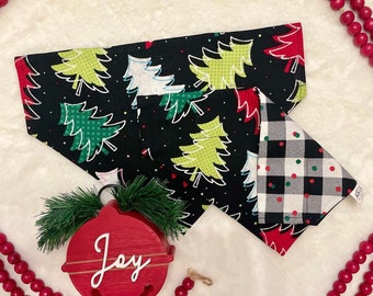 Polka Dot Christmas Trees on Black/Colored Dots on Black Reversible Holiday Dog Bandana.  Customized Pet Accessory.