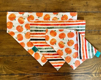 Pumpkin Toss on White/Bold Fall Stripes Reversible Dog Bandana. Fall/Autumn Customized Pet Accessories