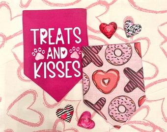 Hugs and Kisses Donuts on Pink/“Treats and Kisses” Custom Design on Pink Reversible Dog Bandana.  Personalized, Valentine Pet Accessories