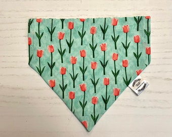 Easter Tulips on Aqua/Spring Plaid Reversible Dog Bandana, Custom Pet Accessory, Easter Pet Neckwear, Spring Floral Dog Scarf