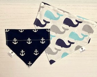 Blue Whales/Navy Blue Anchors Reversible Dog Bandana, Customized Summer Pet Accessories, Ocean themed Dog Bandana