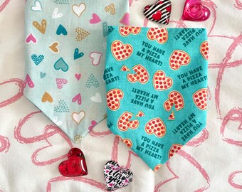 You Have a Pizza My Heart on Teal/Hearts Scattered on Mint Reversible Dog Bandana.  Personalized, Valentine Pet Accessories
