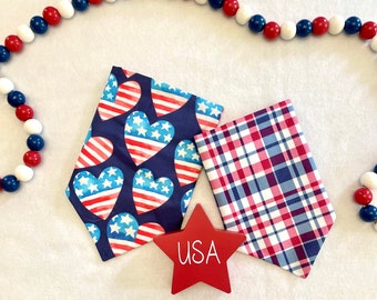 USA Flag Watercolor Hearts/Navy & Red USA Gingham Plaid Reversible Dog Bandana, 4th of July, Customized Pet Accessory