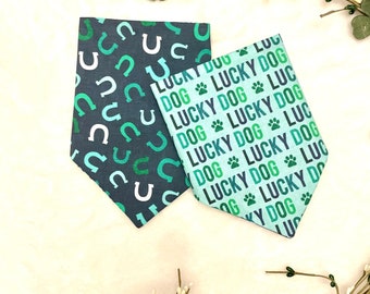 Lucky Dog on Mint Green/Good Luck Horseshoes Reversible Dog Bandana. Personalized Pet Accessories