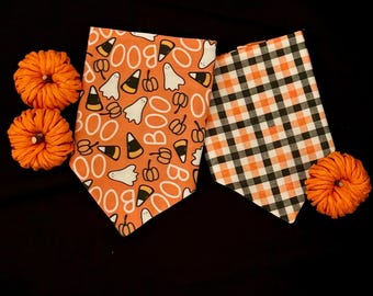 Boo Halloween Fun on Pumpkin/Orange and Black Halloween Plaid Reversible Dog Bandana.  Personalized Pet Accessories