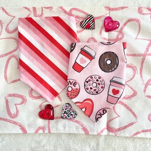 Valentine Donuts and Coffee on Pink/Diagonal Pink, Red and White Stripes Reversible Dog Bandana.  Personalized, Valentine Pet Accessories