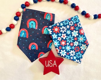 Red, White and Blue Rainbows on Navy/Retro Floral in Red, White & Blue Reversible 4th of July Dog Bandana, Patriotic Pet Accessories