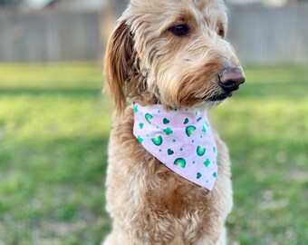 Rainbows and Clovers on Pink/Pink and Green Irish Plaid Reversible Dog Bandana.  Personalized St. Patrick’s Day Pet Accessories.