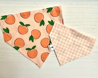 Peaches and Polka Dots/Peach Gingham Plaid Reversible Dog Bandana, Summer Custom Pet Accessories