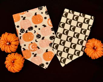 Pumpkins in a Fall Night/Moon, Witchy Checkerboard Reversible Dog Bandana.  Personalized Pet Accessories