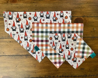 Fall Gnomes with Autumn Leaves/Thanksgiving Plaid Reversible Dog Bandana.  Customized Autumn Pet Accessories