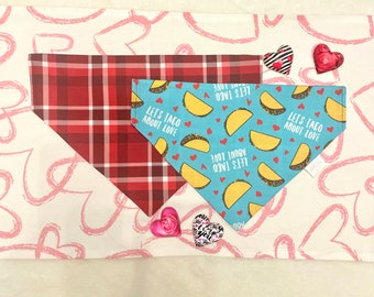 Let’s Taco About Love on Blue/Shades of Red Plaid Reversible Dog Bandana.  Personalized, Valentine Pet Accessories