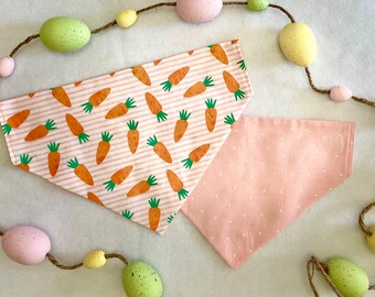 Carrots on Pink Stripes/Pink with Small White Polka Dots Reversible Dog Bandanas.  Personalized Easter Pet Accessories