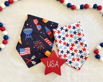 July 4th Cookout on Navy/Americana Watercolor Stars Reversible Dog Bandanas, 4th of July Customized Pet Acessories