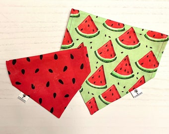 Summertime Watermelon on green/Red Watermelon Seeds Reversible Dog Bandana, Customized Pet Accessories.