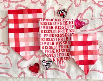 Free Kisses - Red and Pink/Valentine’s Day Plaid Reversible Dog Bandana.  Personalized, Valentine Pet Accessories