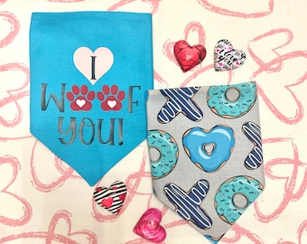 Hugs and Kisses Donuts on Blue/“I Woof You” on Blue Reversible Dog Bandana.  Valentine, Personalized Pet Accessories