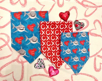 Love Bites Shark Bandana on Blue/White X’s & O’s on Red Reversible Dog Bandana/Personalized, Valentine Pet Accessories