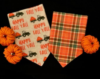 Happy Fall Y’all Pumpkin Patch Tractor/Pumpkin Spice Plaid Reversible Dog Bandana.  Custom Fall/Autumn Pet Accessories