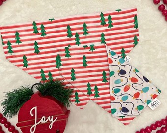 Watercolor Christmas trees on Res Stripes/Tangled Christmas lights on White Reversible Dog Bandana.  Customized, Holiday Pet Accessories