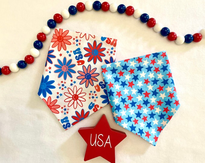Featured listing image: USA Flower Power on White/Patriotic Stars Personalized Dog Bandana, Patriotic Reversible Pet Accessories.