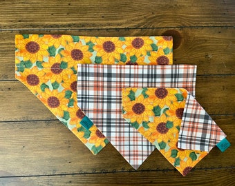 Sunflowers All Over/Brown Fall Plaid Reversible Dog Bandana.  Autumn Personalized Pet Accessories