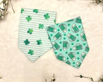 Green Mugs of Beer/Good Luck Clovers on Mint Stripes Reversible Dog Bandanas.  Personalized St. Patrick’s Day Pet Accessory