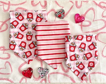 Valentine Pup Cups on Pink Plaid/Red. Pink and White Candy Stripe Reversible Dog Bandana.  Personalized, Valentine Pet Accessories.