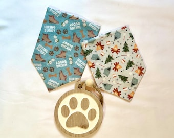 Hiking Buddy on Blue/Camping with S'mores on Light Blue Reversible Dog Bandana.  Personalized Pet Accessories