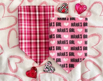 Mama’s Girl on Raspberry Pink/Raspberry Pink Plaid Reversible Dog Bandana.  Personalized, Valentine Pet Accessories