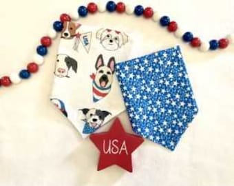 Patriotic Puppies on White/Blue Glitter Mini Stars Reversible Dog Bandanas, 4th of July Customized Pet Accessories.