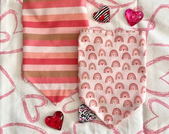 Pink and Gold Boho Rainbows and Hearts/Pink and Gold Boho Stripe Reversible Dog Bandana.  Personalized, Valentine Pet Accessories
