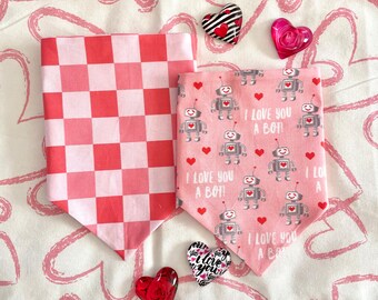 I Love You a Bot! On Pink/Sades of Pink Valentine Checkered Print Reversible Dog Bandana.  Personalized, Valentine Pet Accessories
