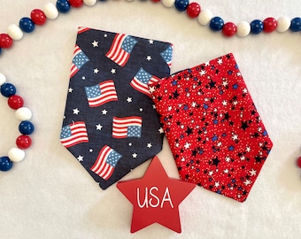 American Flags All Over on Navy/Star Spangled Stars on Red Reversible Dog Bandanas, 4th of July Customized Pet Acessories