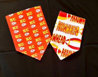 Kansas City Chiefs Kelce on Red/Arrowhead Football on White Reversible Dog Bandana.  Personalized Pet Accessories