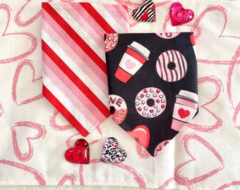 Valentine Donuts and Coffee Red & Pink on Black/Valentine’s Diagonal Stripe Reversible Dog Bandana.  Personalized, Valentine Pet Accessories