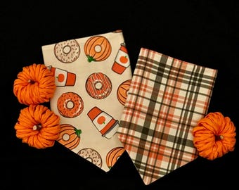 Coffees and Fall Donuts/Fall Plaid Reversible Dog Bandana.  Customized Autumn Pet Accessories