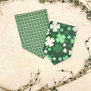 St. Patrick’s Day Green Shamrocks/Tartan Irish Green and White Plaid Reversible Dog Bandana.  Personalized Pet Accessories