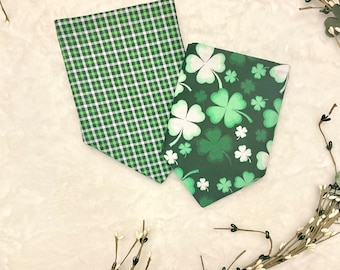 St. Patrick’s Day Green Shamrocks/Tartan Irish Green and White Plaid Reversible Dog Bandana.  Personalized Pet Accessories
