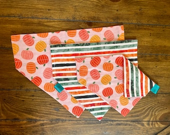 Pumpkin Toss on Blush/Fall Bold Stripes Reversible Dog Bandana.  Fall/Autumn Customized Pet Accessories