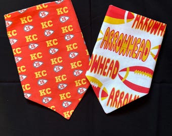 Kansas City Chiefs Mahomes on Red/Arrowhead Football on White Reversible Dog Bandana.  Personalized Pet Accessories