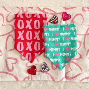 I Love Mommy on Teal/ XO - Pink Hugs and Kisses on Red Reversible Dog Bandana.  Personalized, Valentine Pet Accessories